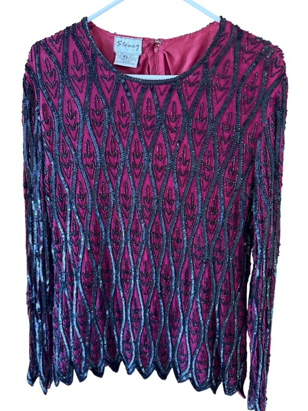 Stenay Womens Beaded Sequin Blouse Size XL Wine Red Black Silk Vintage Glam
